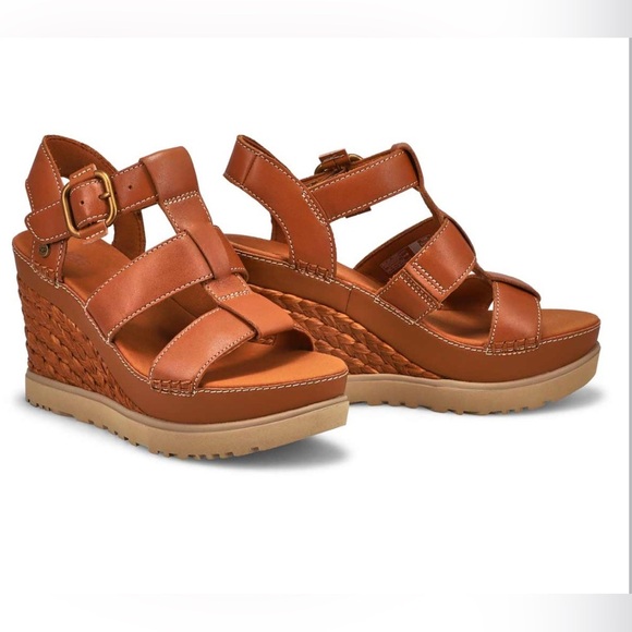 UGG Abbot Strap Cognac Leather Wedge Sandals – Size 9 - Picture 1 of 16